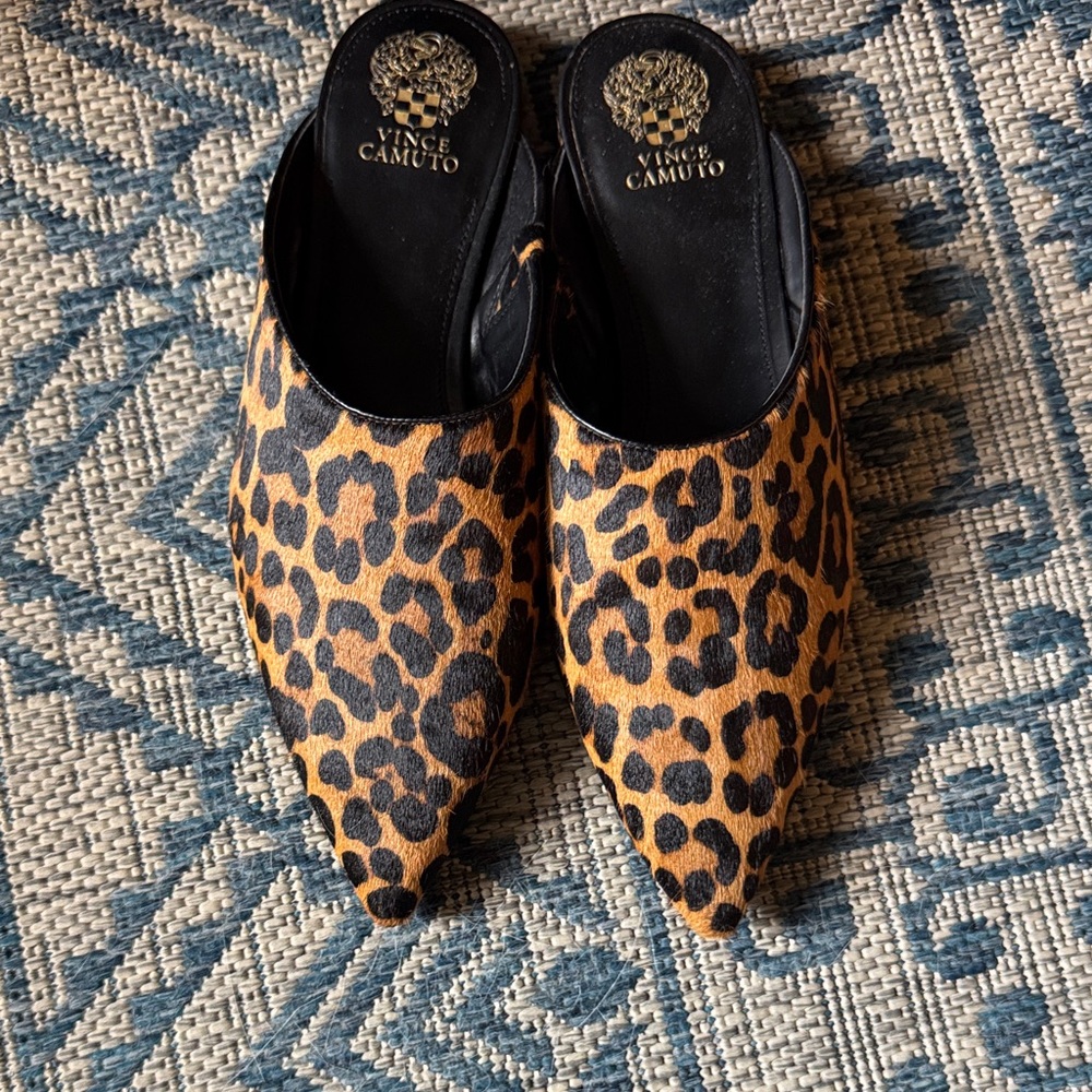 Vince Camuto Leopard Print Pointed Toe Mules - Tan/Black